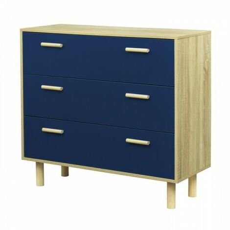 Commode 3 compartiments - Chêne & bleu marine