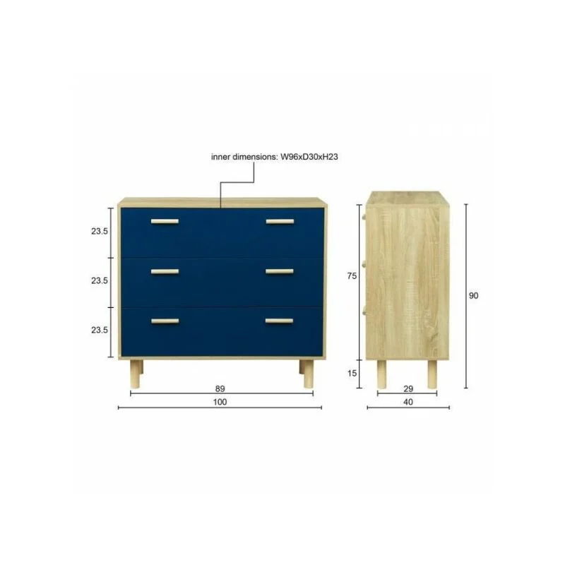 Commode 3 compartiments - Chêne & bleu marine