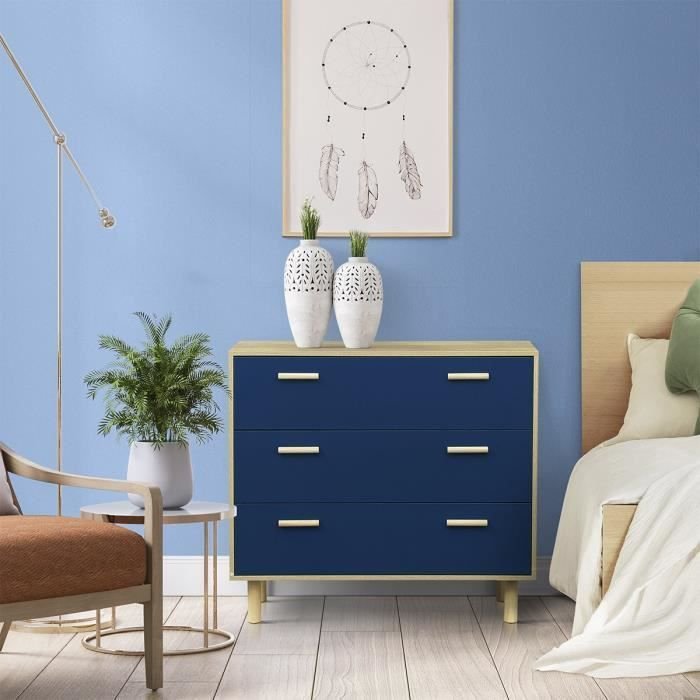 Commode 3 compartiments - Chêne & bleu marine
