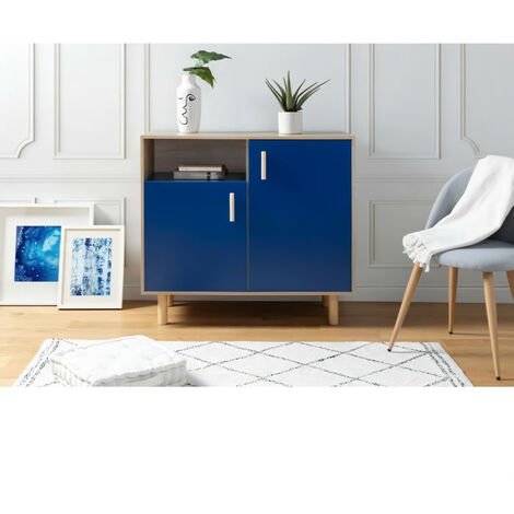 Commode 3 compartiments - Chêne & bleu marine