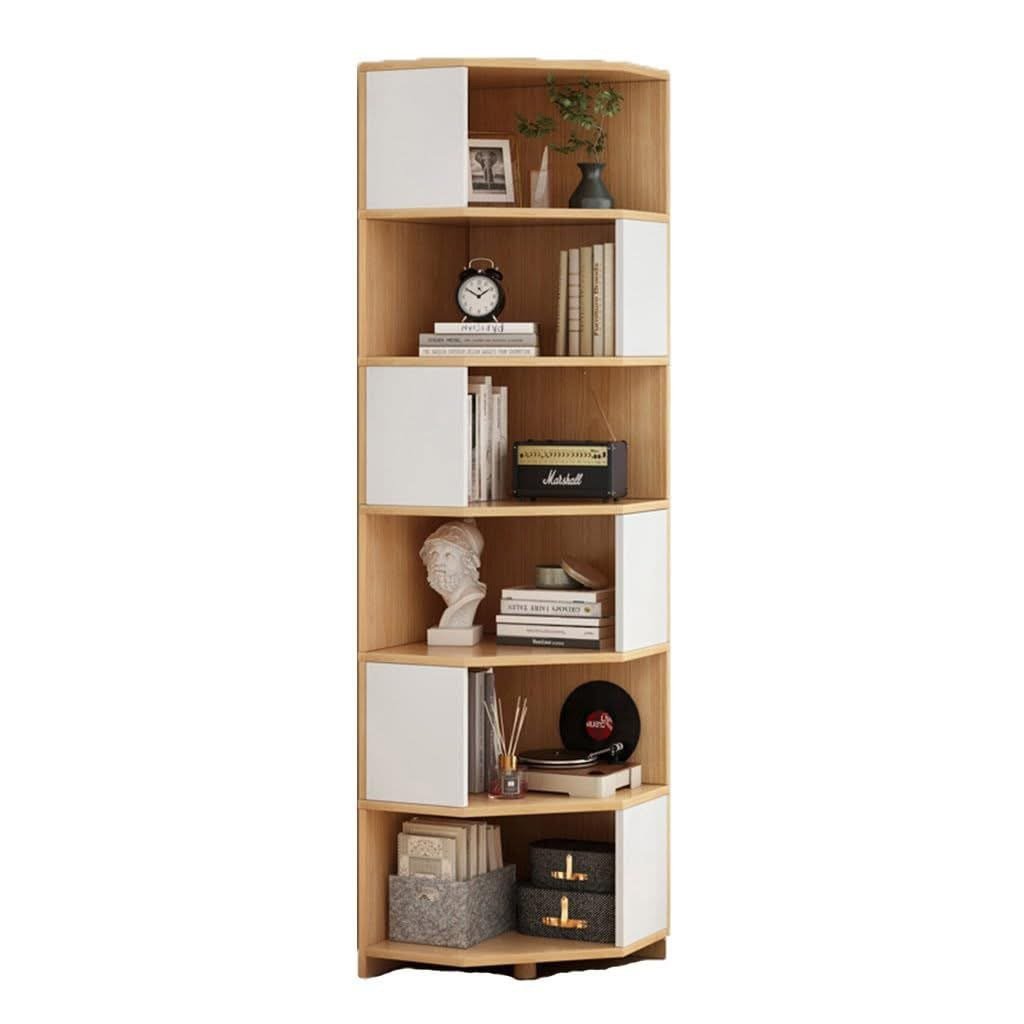 bibliothèque d'angle en bois avec des étagères ouvertes